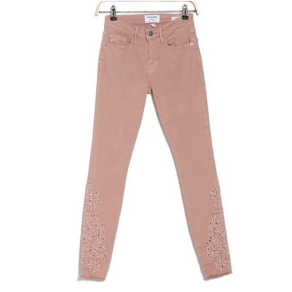 Frame Le Skinny De Jeanne Jeans Size 27 Rose Pink Embroidered Eyelet - Picture 1 of 9